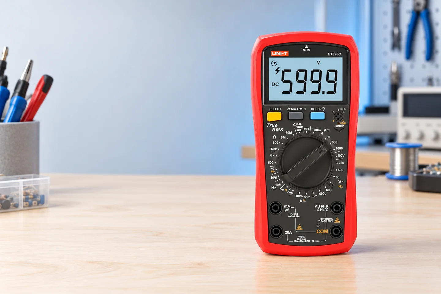 Multimetru Digital UT890C NCV Uni-T intr-un decor de atelier.