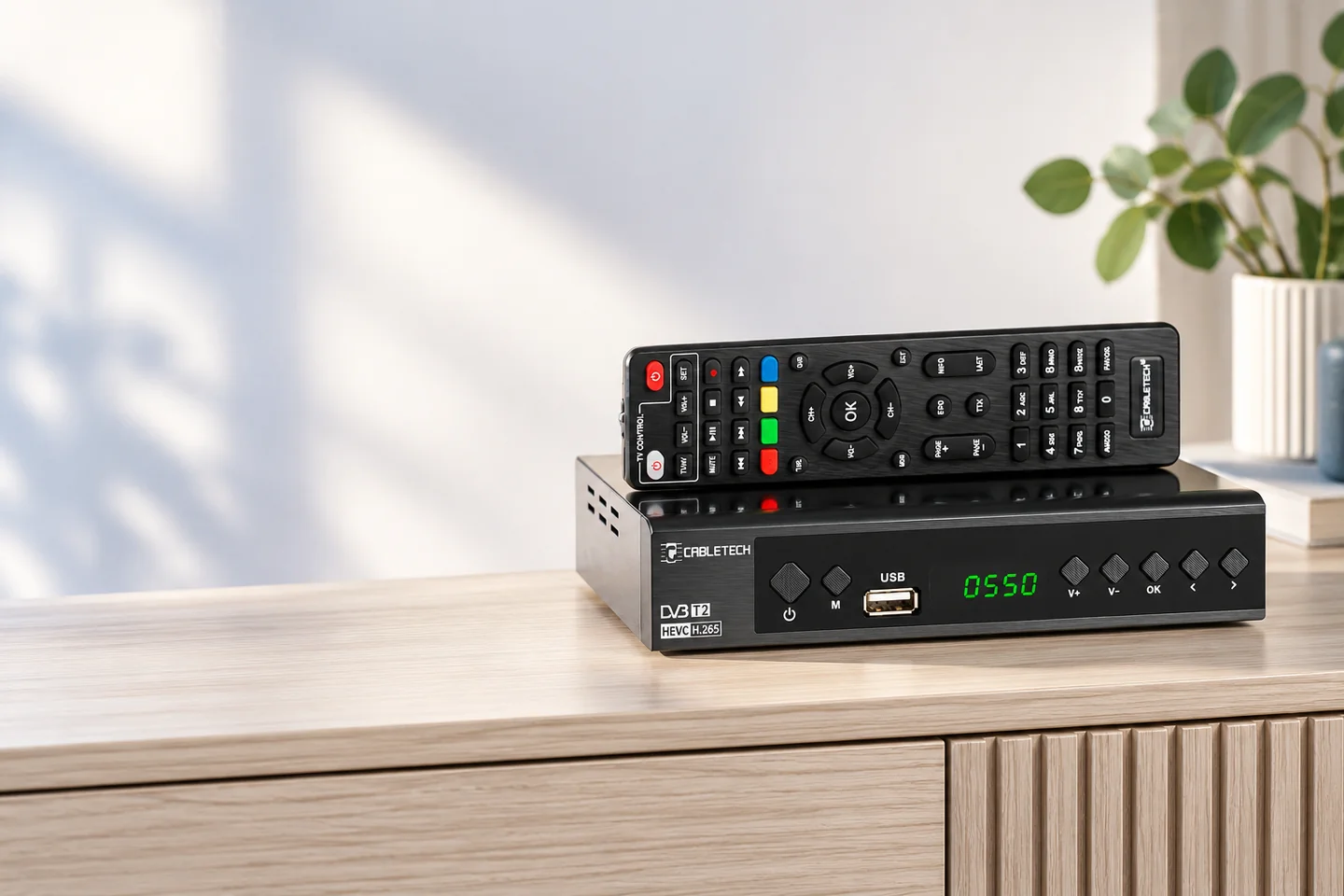 Tuner Digital Terestru / Cablu DVB-T2/C H.265 Cabletech intr-un decor de atelier.