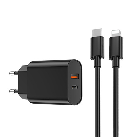 Incarcator retea usb + usb-c pd qc 20w + cablu lightning -negru                                                                                                                                                                                           